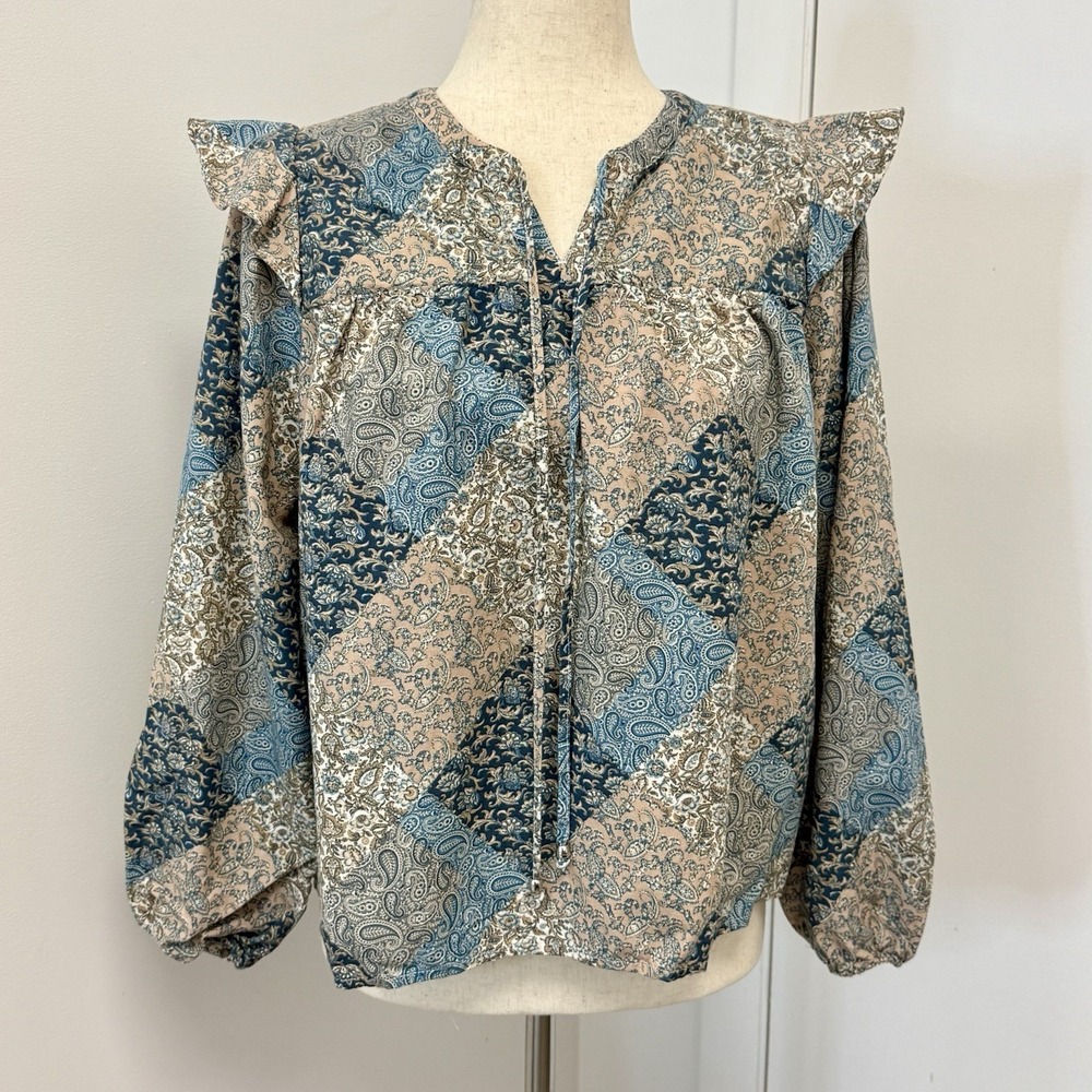 Women's Paisley Patchwork Boho Top Sz Medium 8-10 Ruffle Sleeve Cottagecore
